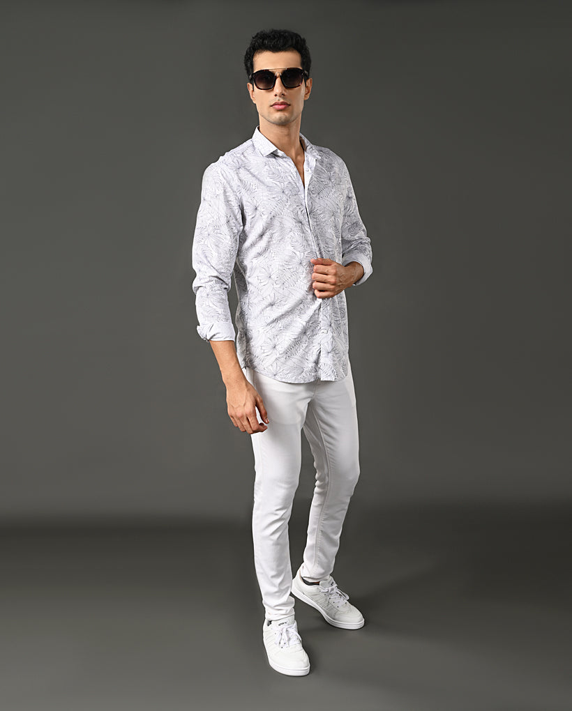 Mens Casual White Cotton Blend Shirt with Small Floral Print