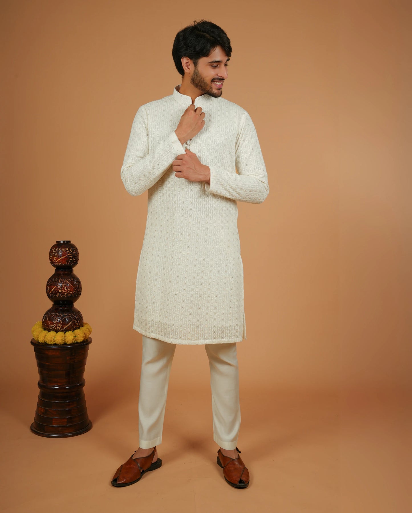 Elegant White Embroidered Kurta with Potli Buttons for Men