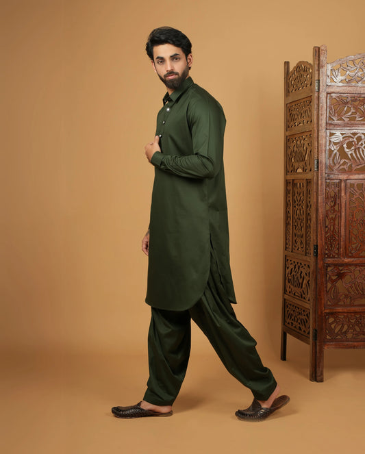 Men’s Ethnic Dark Olive Pathani Kurta Set