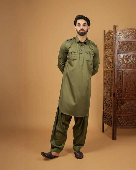 Men’s Ethnic Light Olive Pathani Kurta Set with Pockets