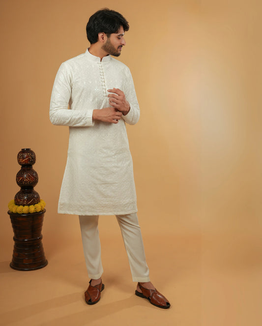 Chikankari & Sequin Detailing Embroidered Kurta for Men