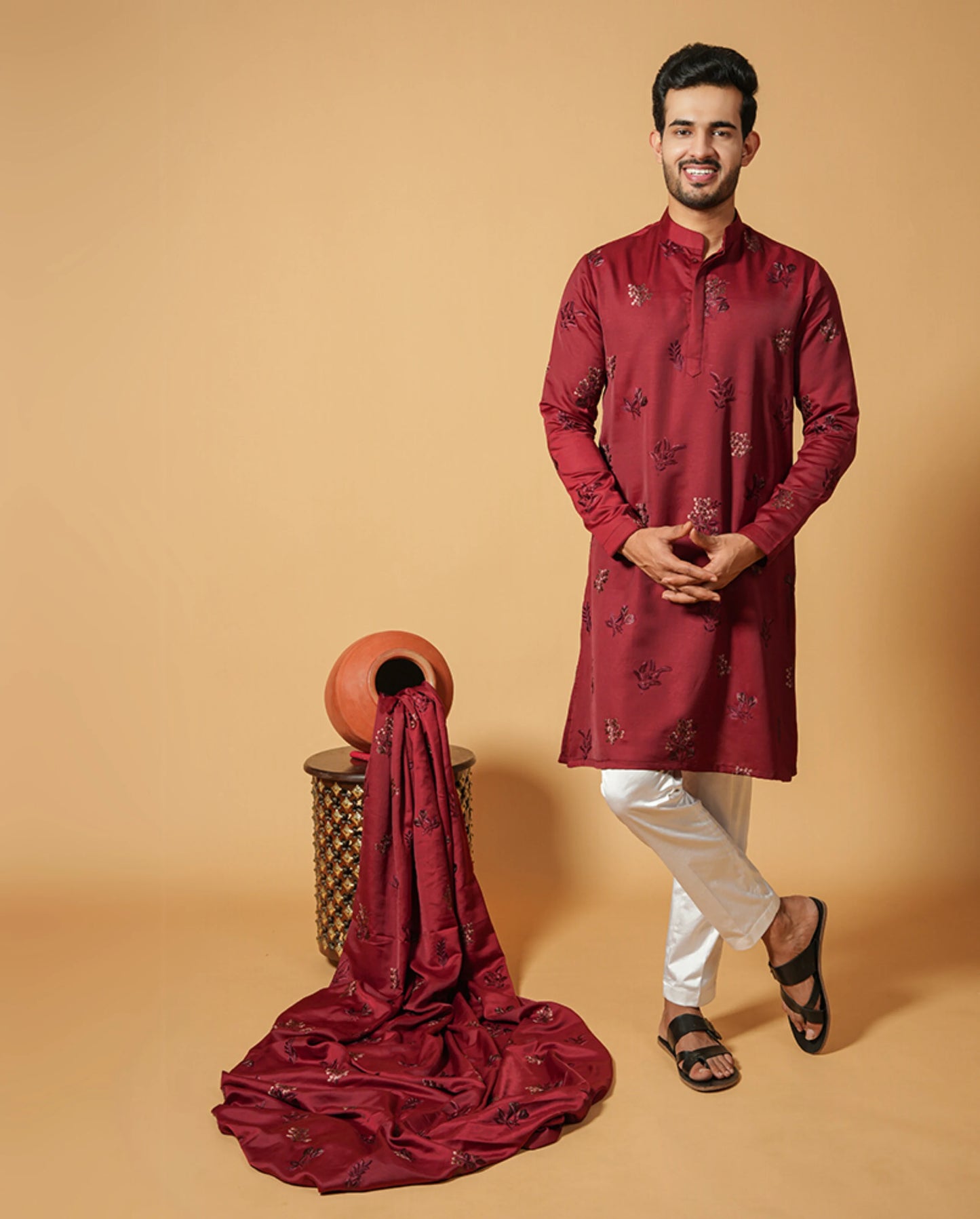 Classic Floral Silk Embroidered Kurta & Pajama Set