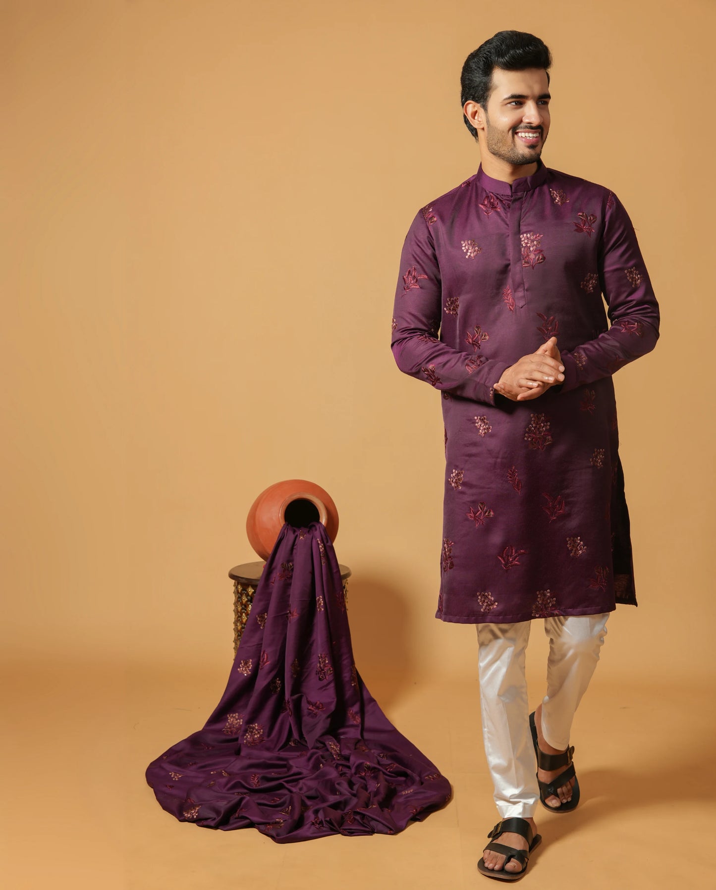 Classic Floral Silk Embroidered Kurta & Pajama Set