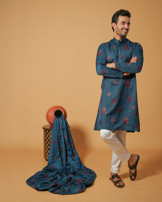 Classic Floral Silk Embroidered Kurta & Pajama Set