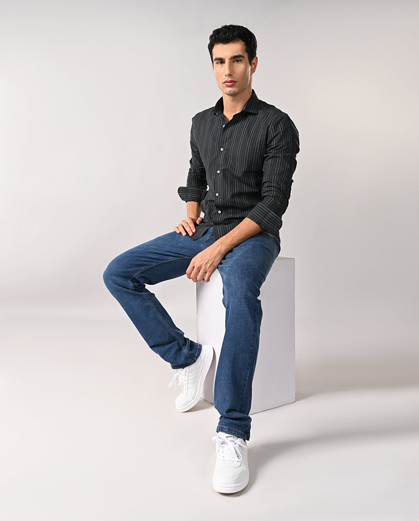Mens Navy Blue Striped Cotton Formal Shirt – Business Wear