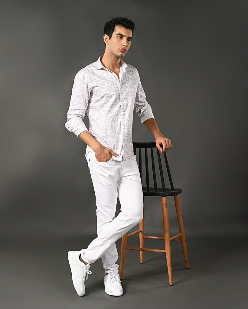 Men's White Unique Print Shirt-Cotton Blend