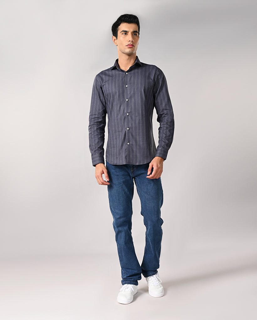 Mens Dark Gray Striped Cotton Formal Shirt – Office Wear