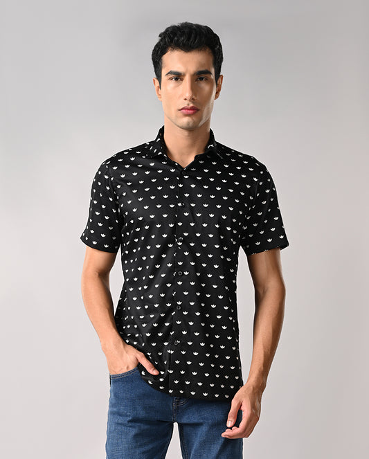 Black Half Sleeves Slim Fit Shirt for Men with Lotus Motif and Manila Cut
