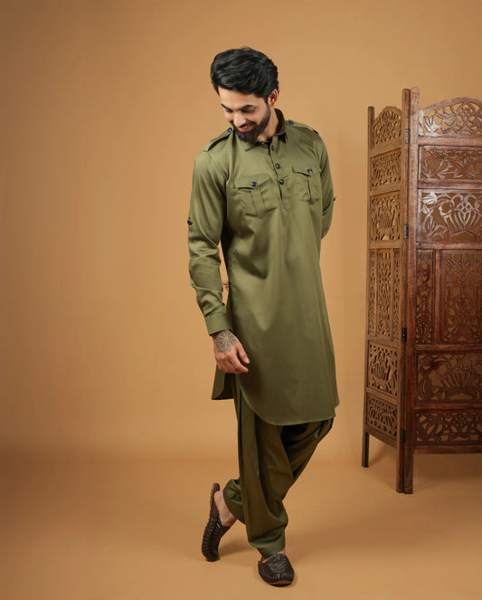 Men’s Ethnic Light Olive Pathani Kurta Set with Pockets
