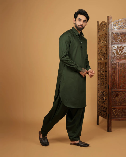 Men’s Ethnic Dark Olive Pathani Kurta Set