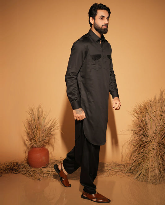 Buy Black Pathani Kurta with Pockets