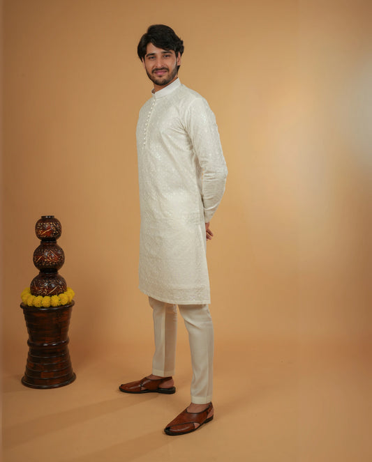 Chikankari & Sequin Detailing Embroidered Kurta for Men