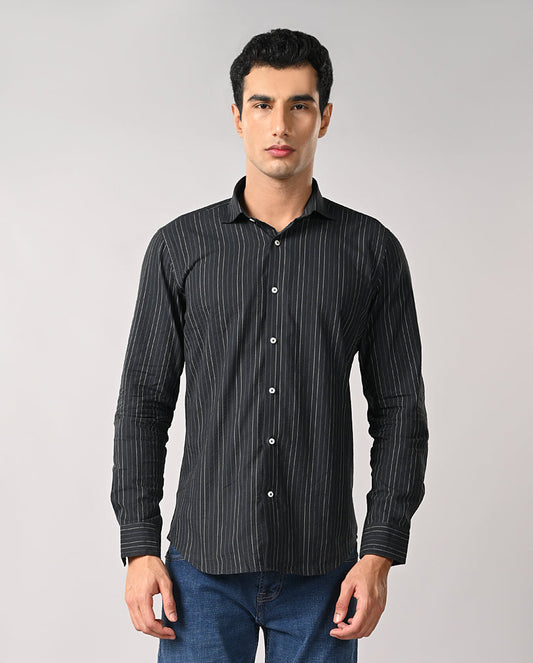 Mens Navy Blue Striped Cotton Formal Shirt – Business Wear
