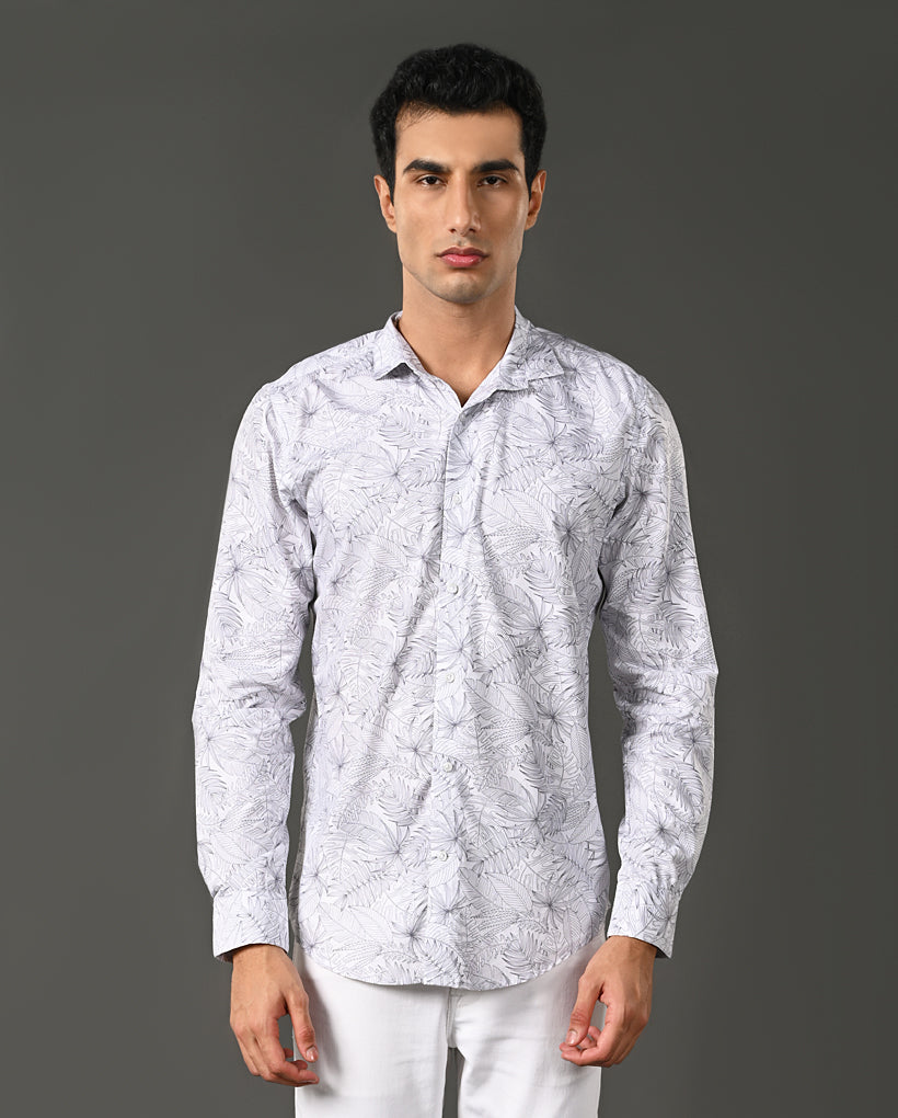 Mens Casual White Cotton Blend Shirt with Small Floral Print
