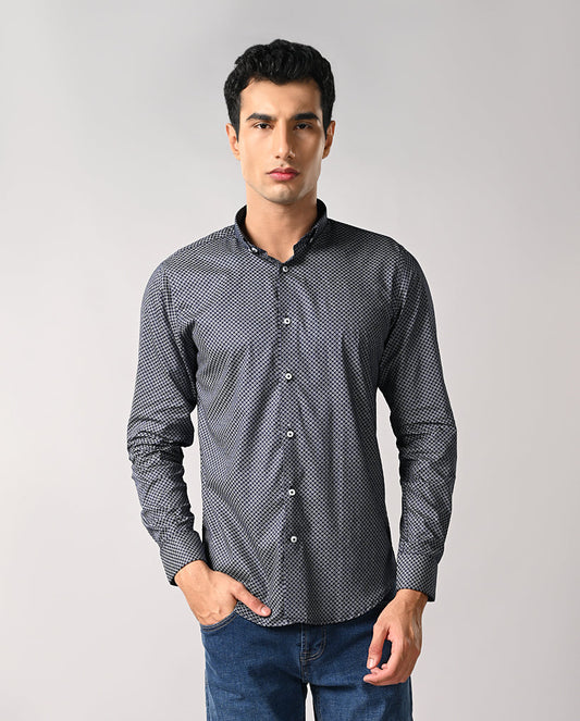 Men’s Navy Blue Printed Cotton Blend Shirt – Casual Wear