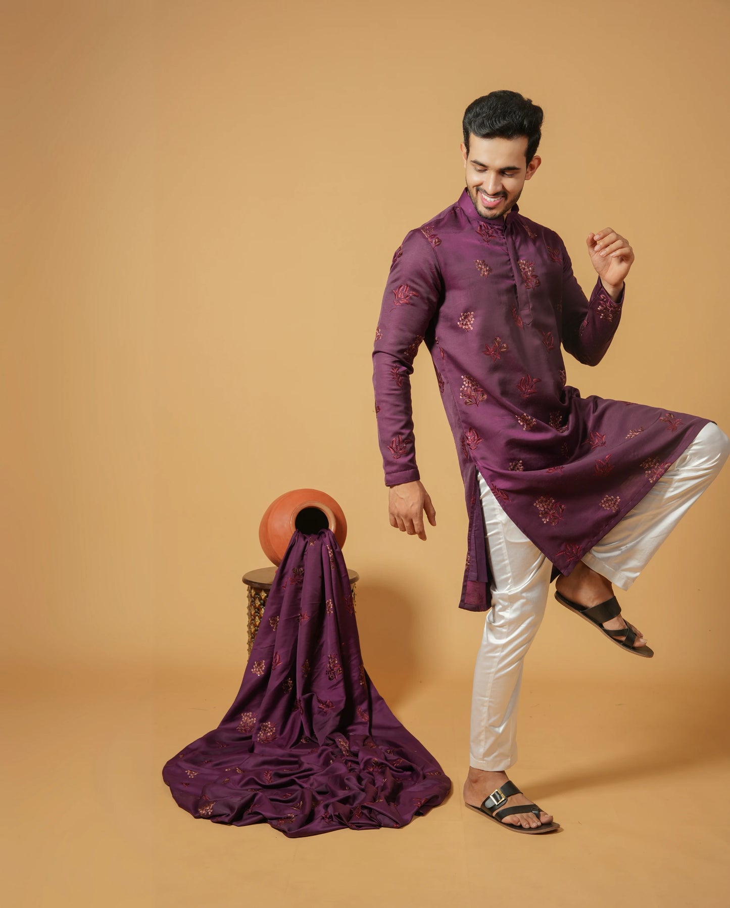 Classic Floral Silk Embroidered Kurta & Pajama Set