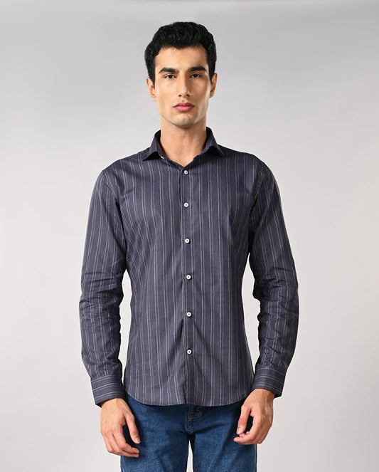 Mens Dark Gray Striped Cotton Formal Shirt – Office Wear