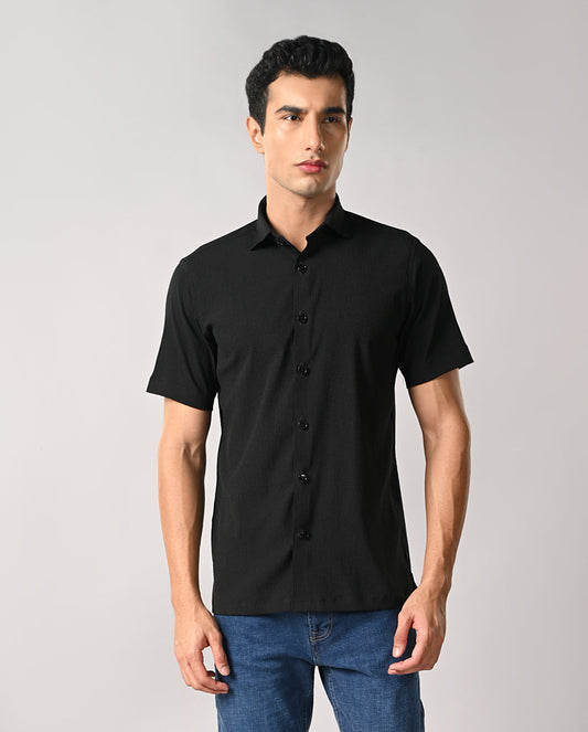 Men's black slim fit shirt with apple cut hem and pocket-free front — perfect for party or casual wear