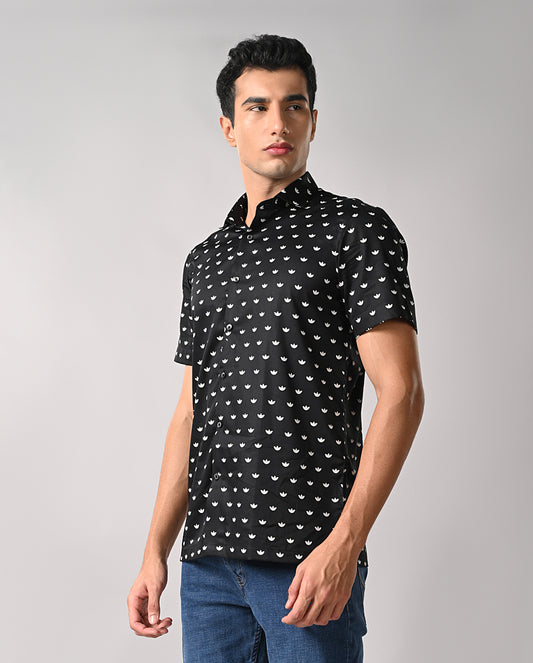 Black Half Sleeves Slim Fit Shirt for Men with Lotus Motif and Manila Cut
