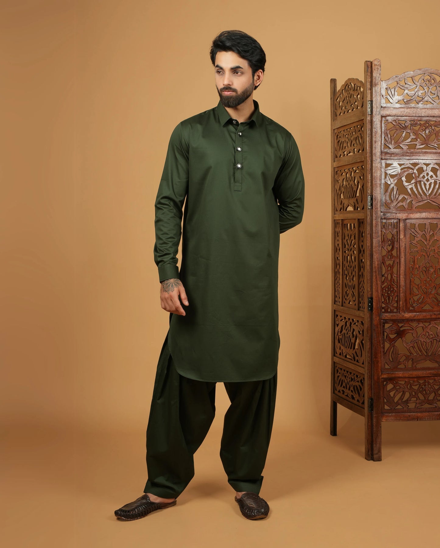 Men’s Ethnic Dark Olive Pathani Kurta Set