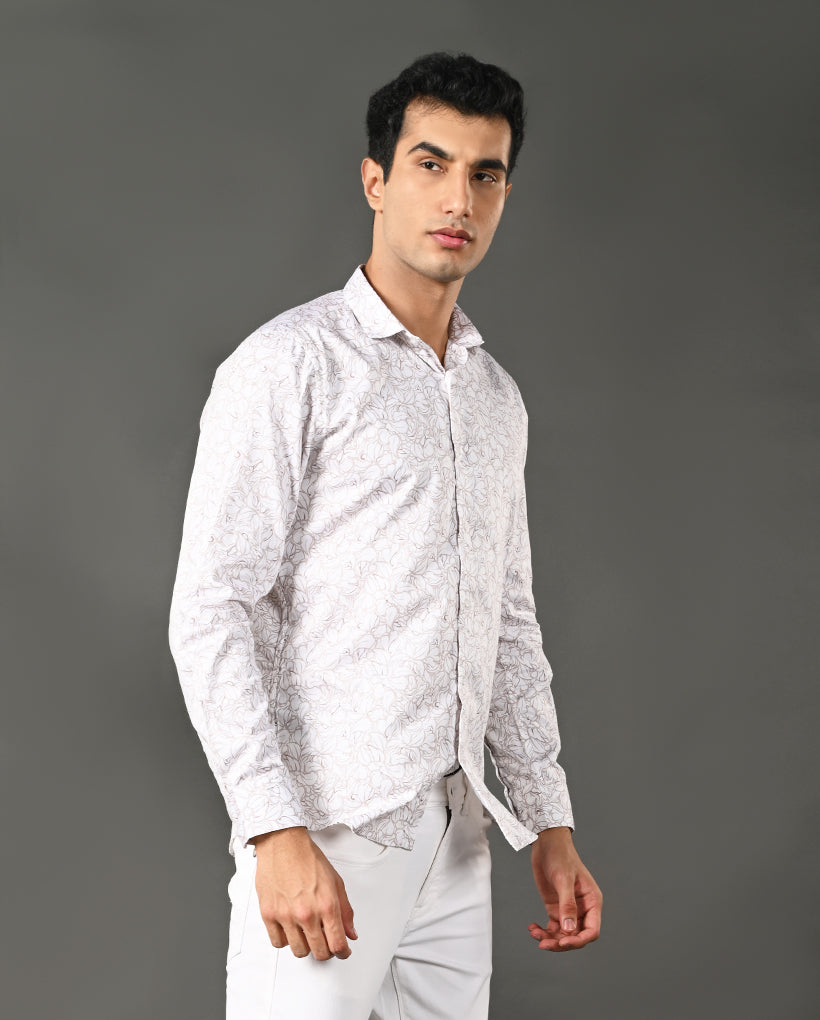 Men's White Unique Print Shirt-Cotton Blend