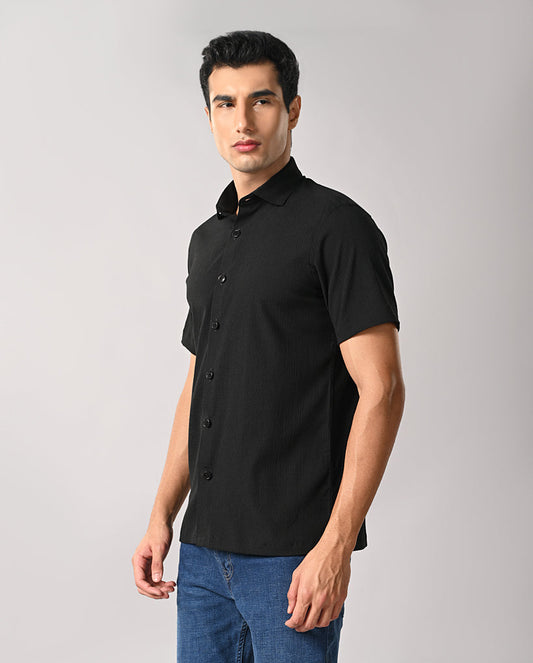 Men's black slim fit shirt with apple cut hem and pocket-free front — perfect for party or casual wear