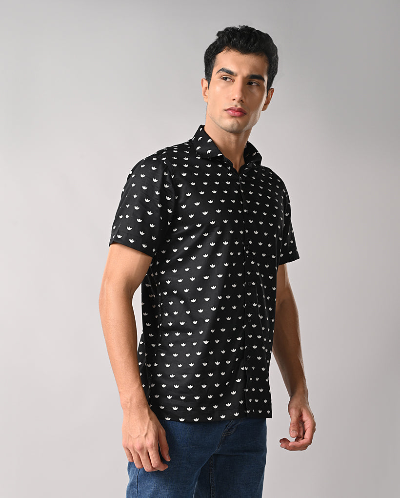 Black Half Sleeves Slim Fit Shirt for Men with Lotus Motif and Manila Cut