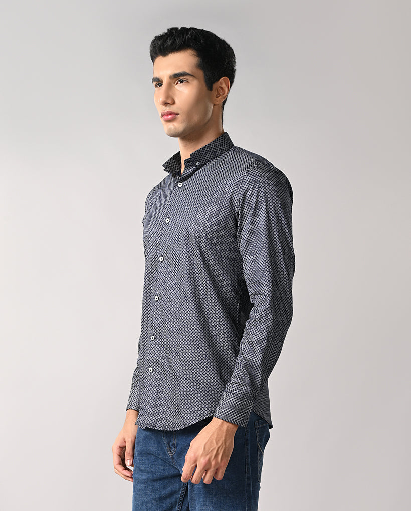 Men’s Navy Blue Printed Cotton Blend Shirt – Casual Wear