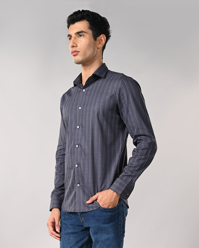 Mens Dark Gray Striped Cotton Formal Shirt – Office Wear