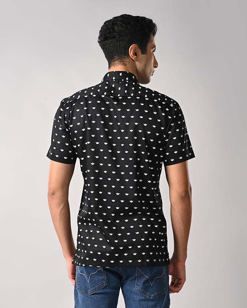 Black Half Sleeves Slim Fit Shirt for Men with Lotus Motif and Manila Cut