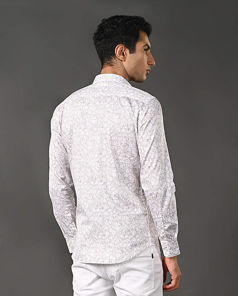 Men's White Unique Print Shirt-Cotton Blend
