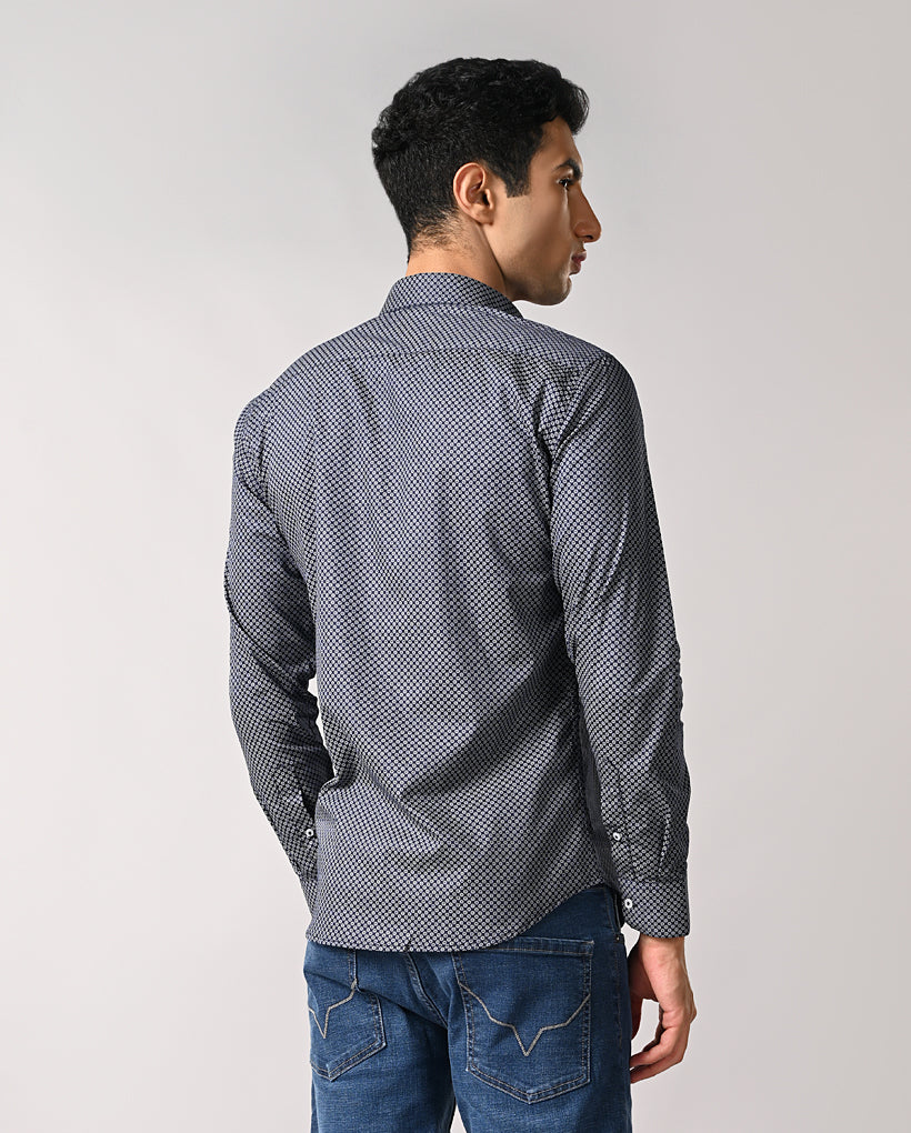 Men’s Navy Blue Printed Cotton Blend Shirt – Casual Wear