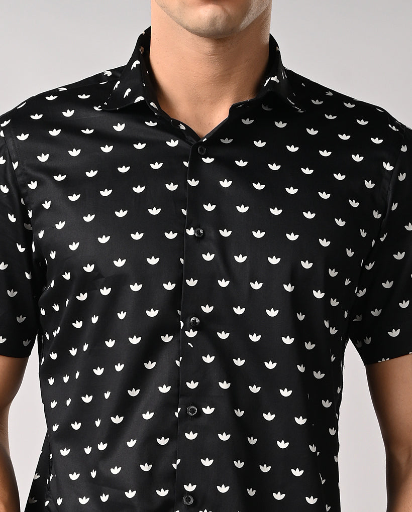 Black Half Sleeves Slim Fit Shirt for Men with Lotus Motif and Manila Cut