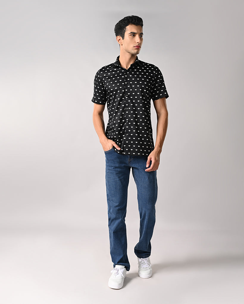 Black Half Sleeves Slim Fit Shirt for Men with Lotus Motif and Manila Cut
