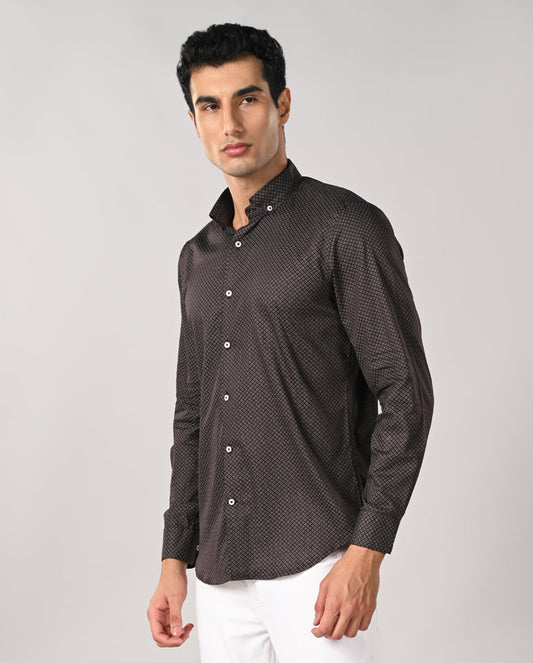 Mens Brown Printed Cotton Blend Formal Shirt – Mens brown printed cotton blend formal shirt, office wear
