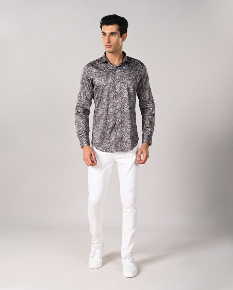 Mens plum purple paisley printed shirt with contrast buttons, no pocket design – stylish formal and date wear
