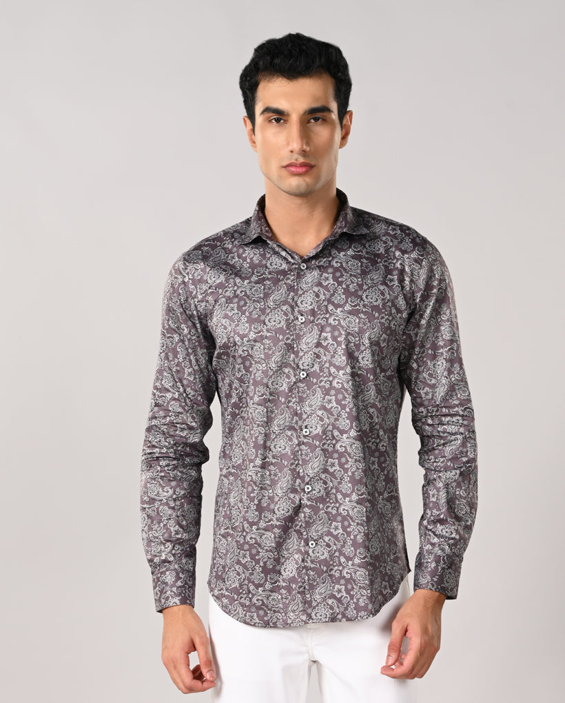 Mens plum purple paisley printed shirt with contrast buttons, no pocket design – stylish formal and date wear