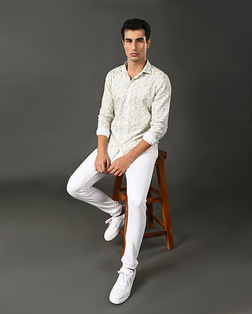 Mens Off White Linen Blend Printed Casual Shirt – Mens off white linen blend printed casual shirt, breathable summer shirt