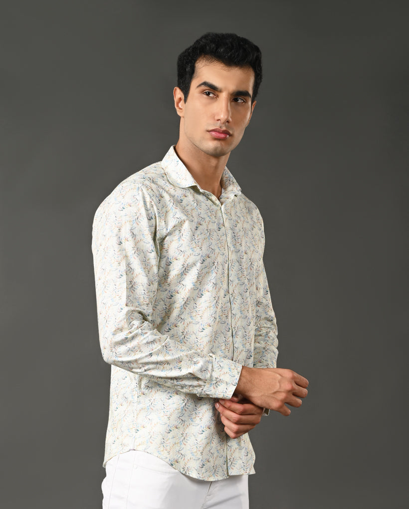 Mens Off White Linen Blend Printed Casual Shirt – Mens off white linen blend printed casual shirt, breathable summer shirt