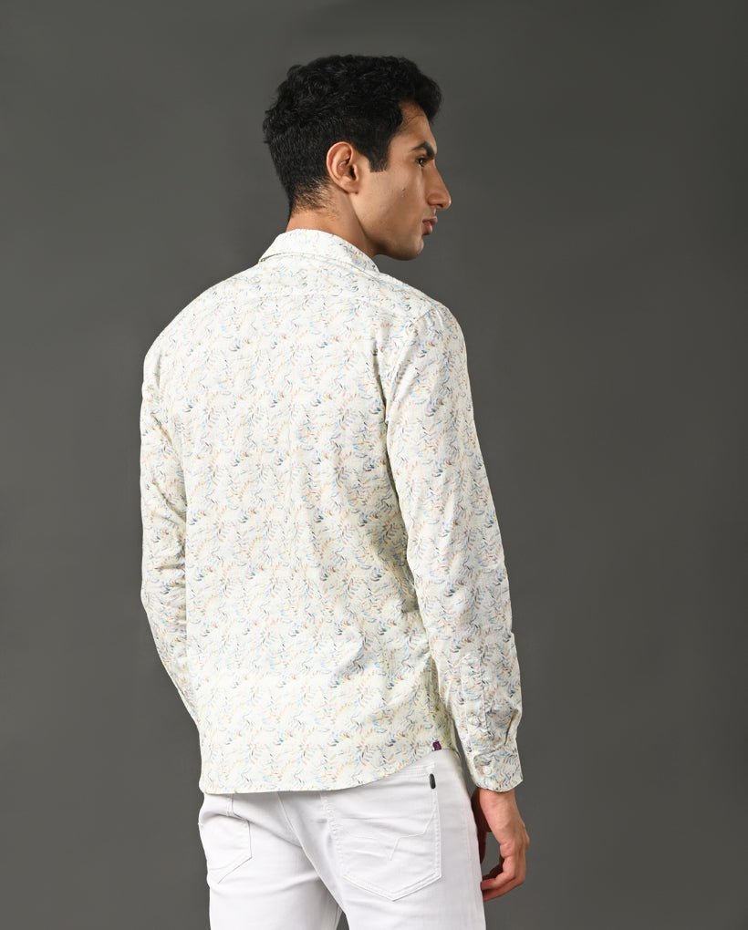 Mens Off White Linen Blend Printed Casual Shirt – Mens off white linen blend printed casual shirt, breathable summer shirt