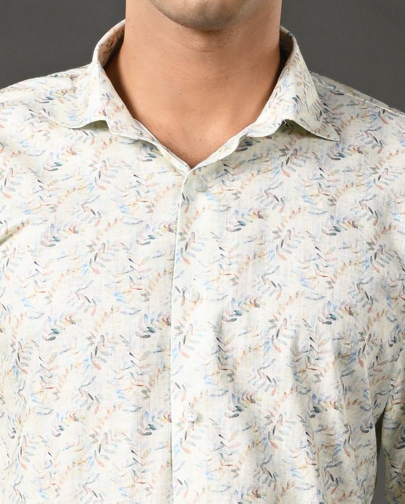 Mens Off White Linen Blend Printed Casual Shirt – Mens off white linen blend printed casual shirt, breathable summer shirt