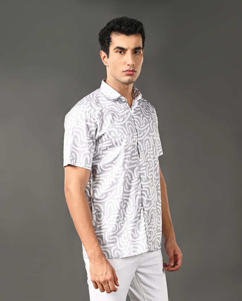 Mens Pastel Grey Printed Cotton Blend Casual Shirt – Mens pastel grey printed cotton blend casual shirt, trendy