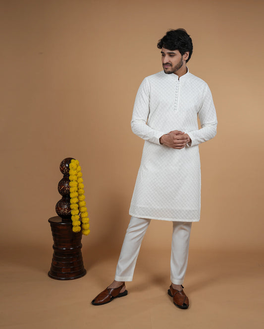 Geometric Embroidered White Chikankari Kurta For Men