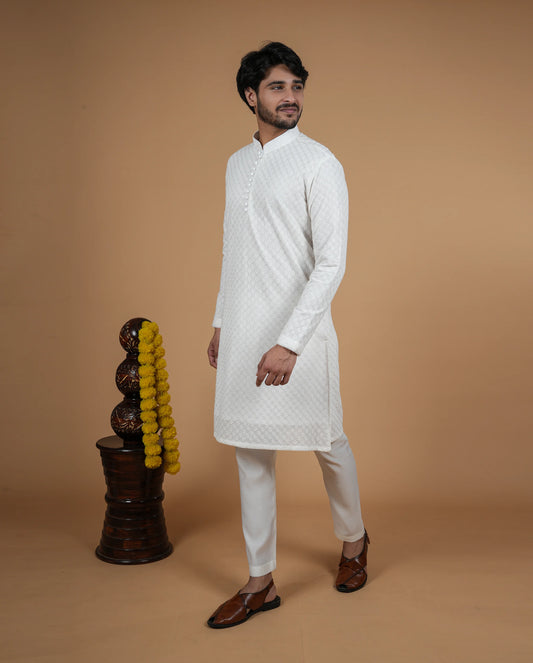 Geometric Embroidered White Chikankari Kurta For Men