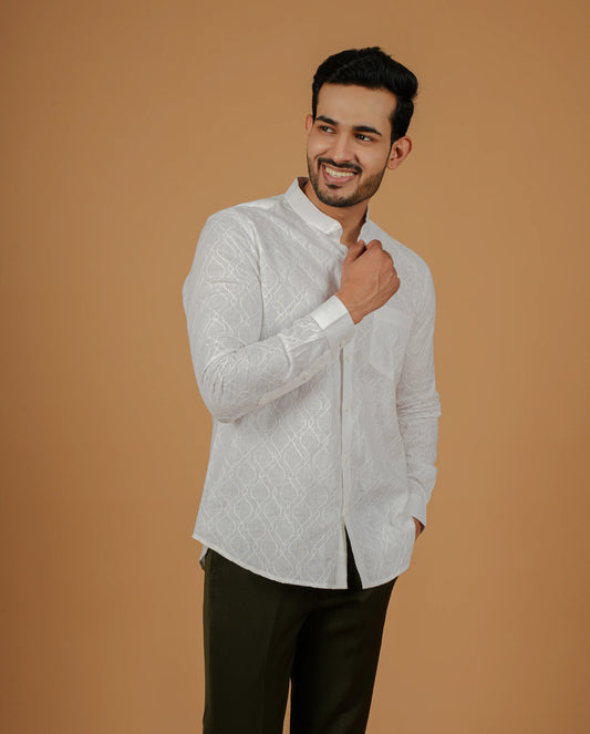 Classic Mens White Linen Shirt - Floral Embroidery for a Timeless Look