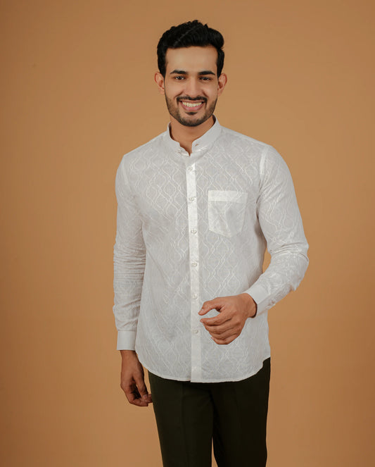 Classic Mens White Linen Shirt - Floral Embroidery for a Timeless Look
