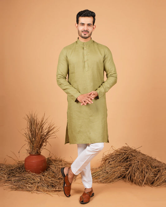 Premium Light Olive Linen Kurta for Men