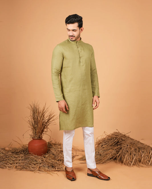Premium Light Olive Linen Kurta for Men