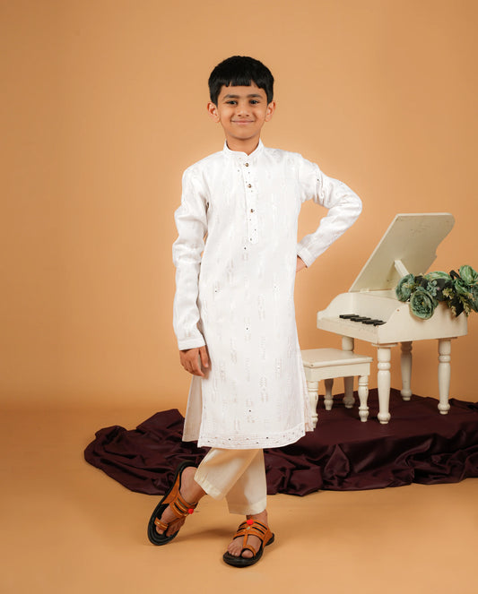 Traditional Off White Silk Kurta Set For Kids