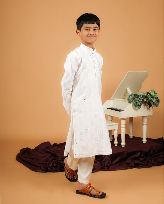 Traditional Off White Silk Kurta Set For Kids